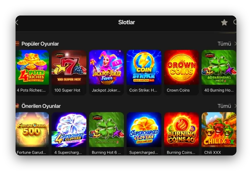 Hold and Win'li popüler satırlar Ekran: birkaç Hold and Win oyununun da yer aldığı popüler ve önerilen slot satırları