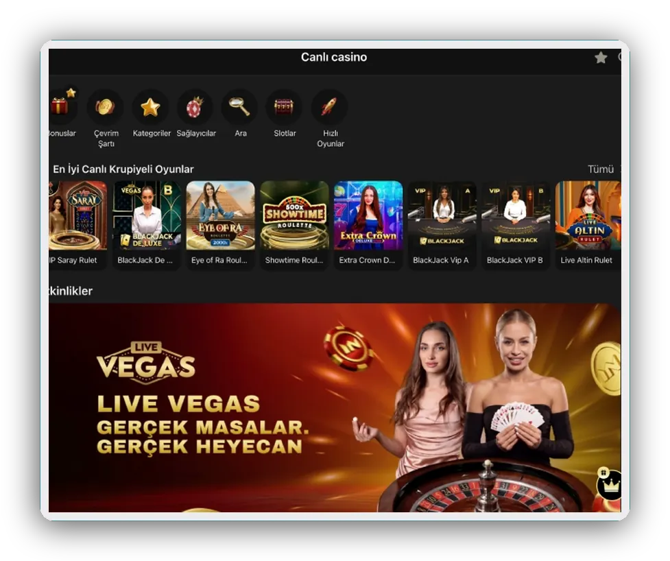 Canlı lobi açılışı Ekran: en iyi canlı oyunların listelendiği, üzerinde promosyon bannerı olan canlı casino lobisi