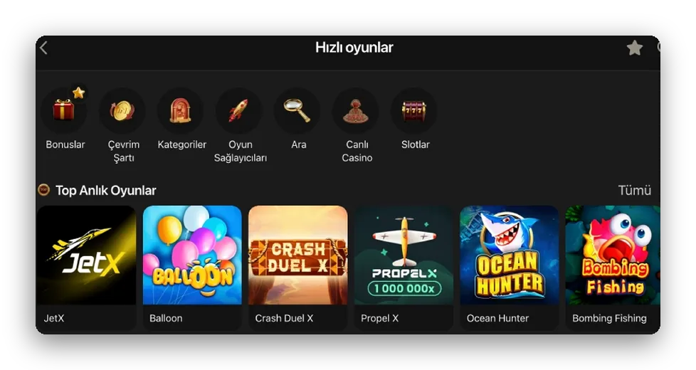 Hızlı oyun kutuları Ekran: JetX, Balloon, Crash Duel X ve Propeller kutularının olduğu hızlı oyunlar satırı